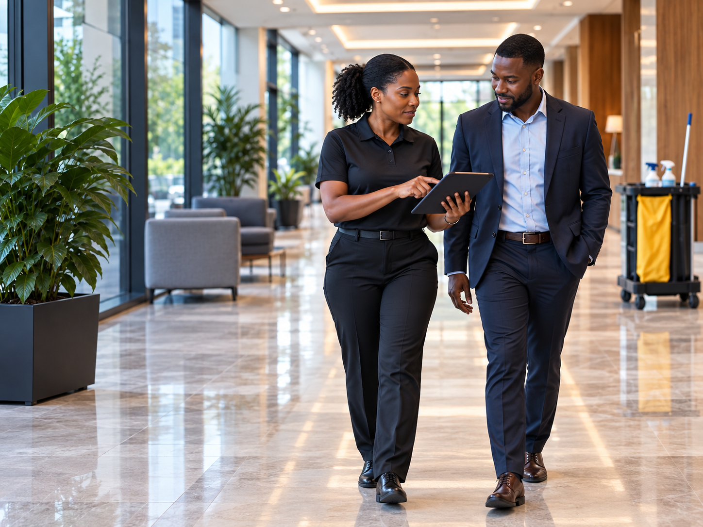 Cleaner discussing service with a property manager