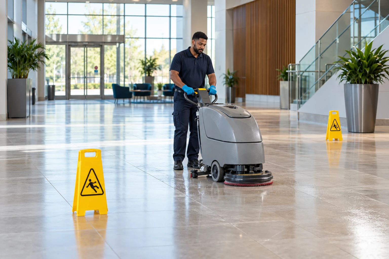 Janitorial worker using floor-care equipment in a marked commercial work area.
