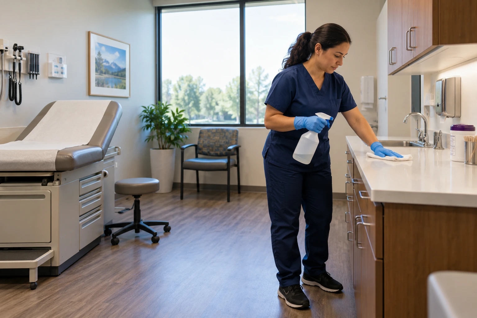 Cleaner wearing gloves wiping a counter in an unoccupied examination room.