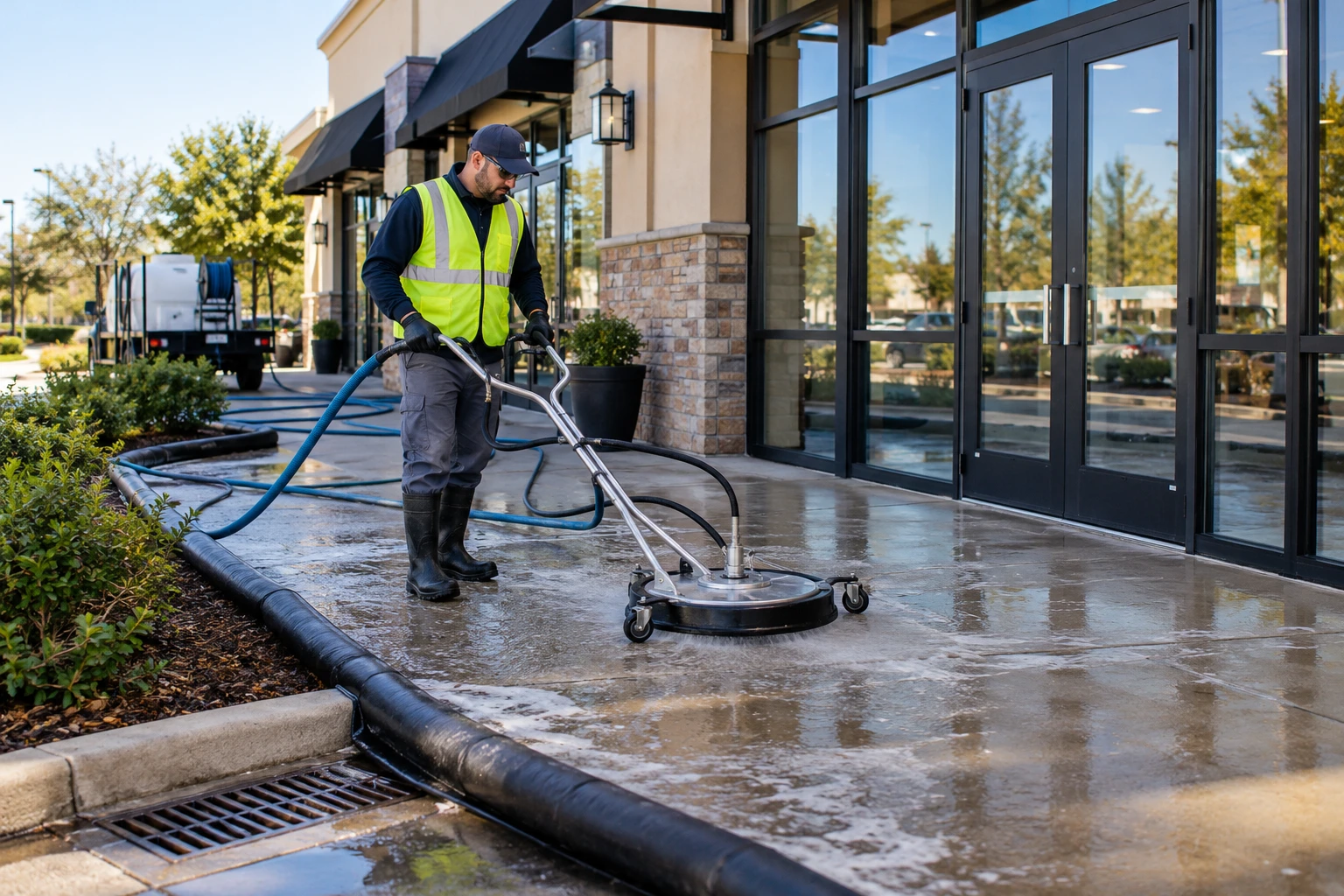 Exterior cleaner using a surface-washing machine with wash-water containment.