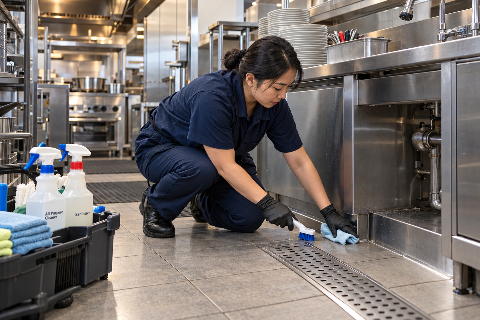 Restaurant cleaner working on tile flooring beside commercial kitchen equipment