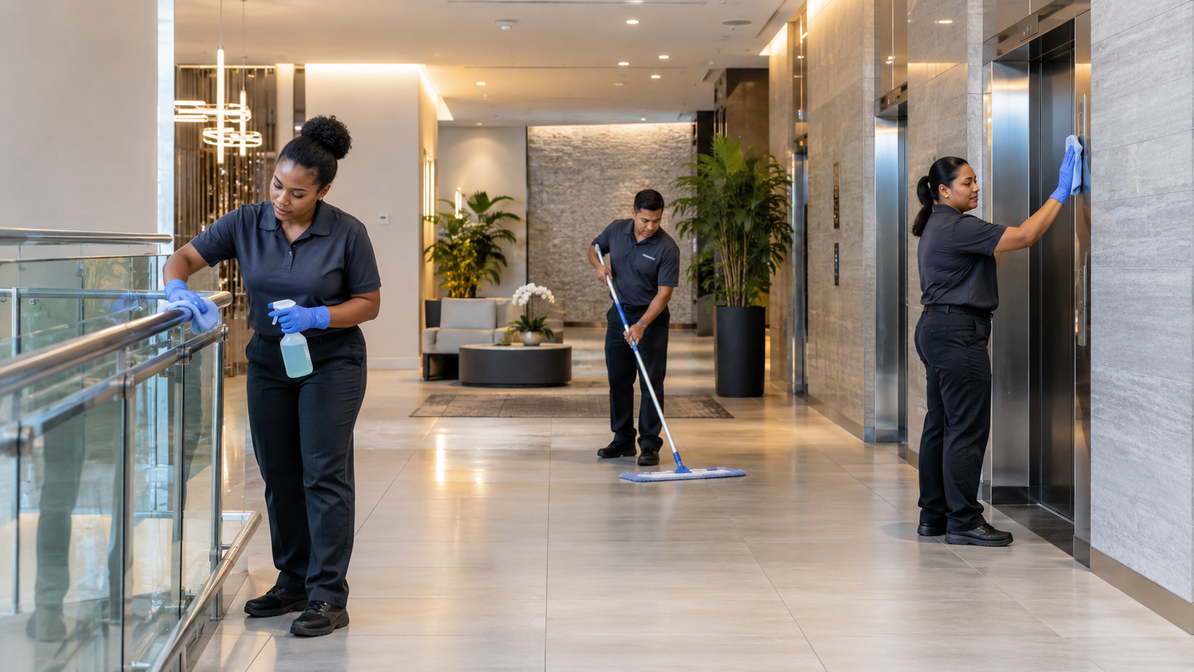 Cleaning team maintaining an apartment lobby, elevator, and stairs