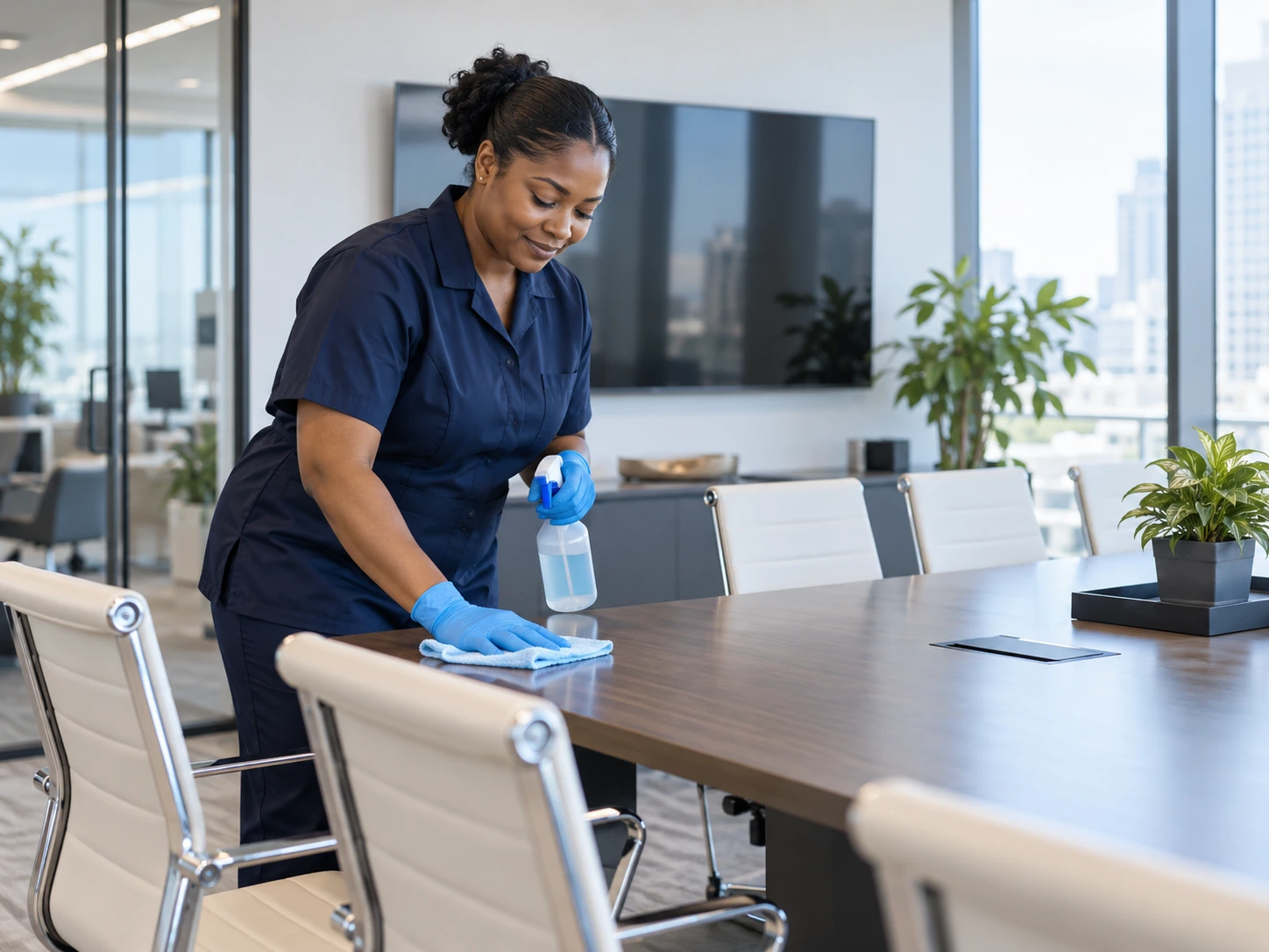 Cleaner wiping office furniture