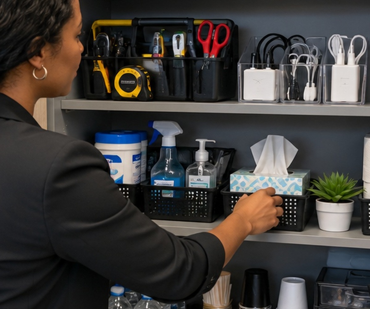 Black professional organizing a well stocked office supply cabinet