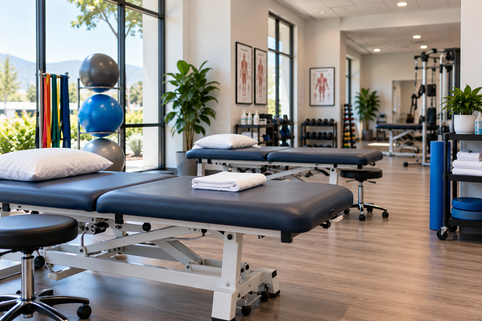 Bright physical therapy clinic with treatment tables and shared exercise equipment