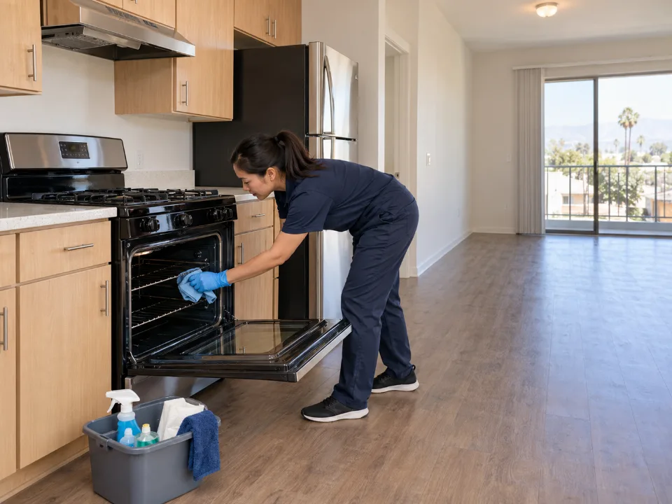 Cleaner wiping a domestic oven in a vacant apartment before the next tenancy