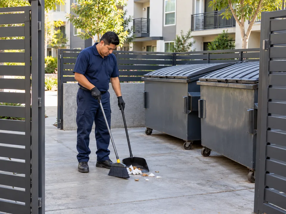 Cleaner sweeping scattered debris beside dumpsters in an apartment trash enclosure