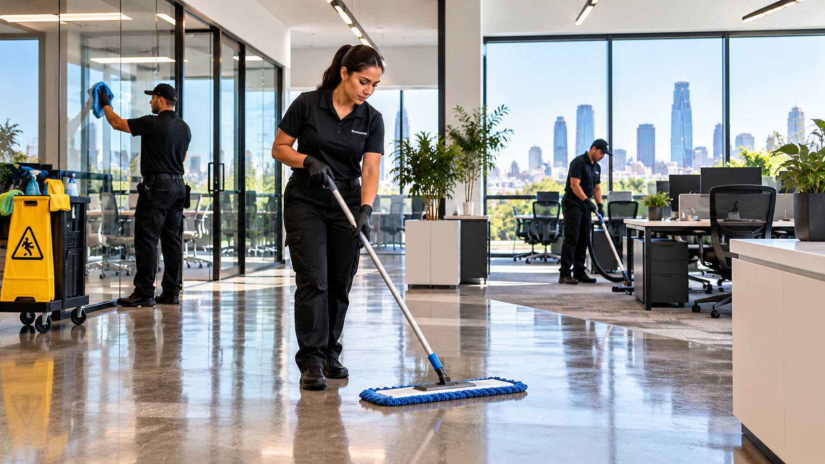 Professional office cleaning team mopping floors, cleaning glass, and vacuuming in a bright office with a city view