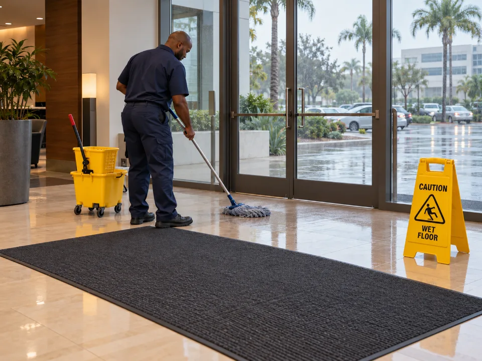 Professional cleaner maintaining an office entrance after rain, with the mop, bucket and safety sign fully visible