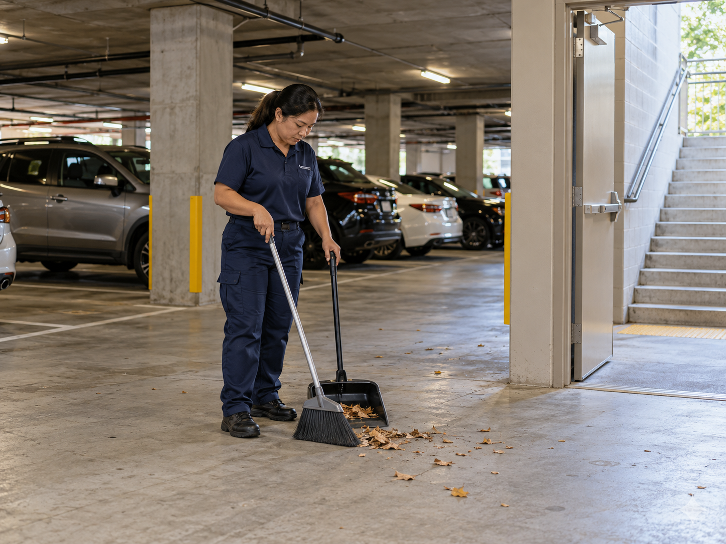 A professional cleaner sweeps an apartment garage pedestrian walkway beside an entrance to the building's stairwell.
