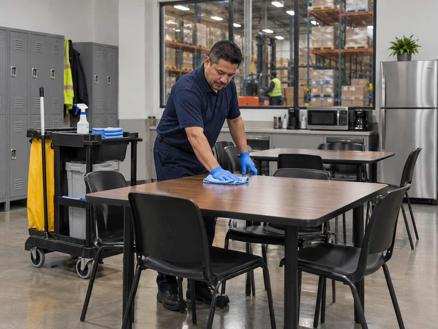 A professional cleaner wipes a shared table in a warehouse employee break room, with lockers, appliances, and warehouse storage visible behind him.