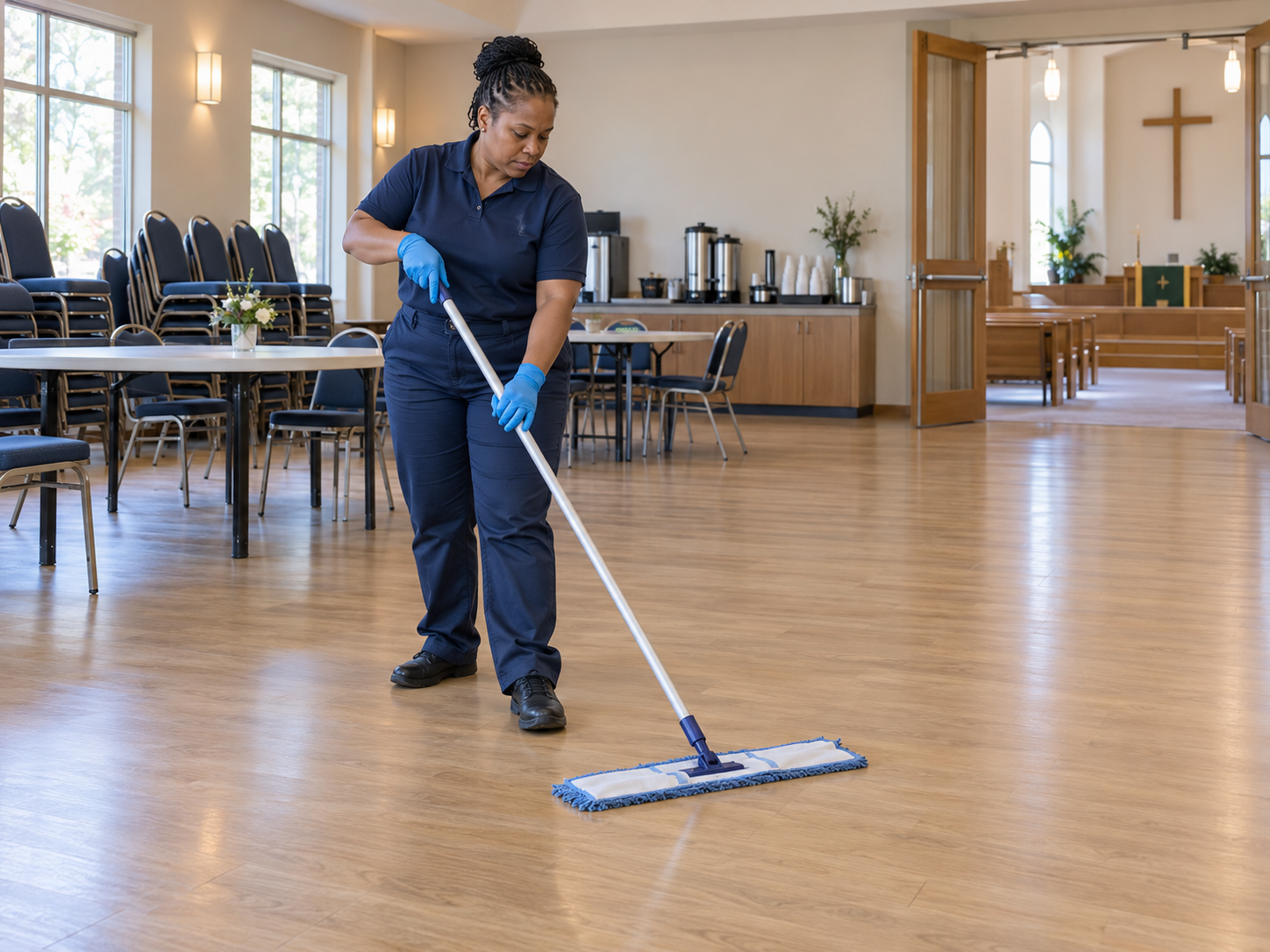 A professional cleaner mops a church fellowship hall after weekend gatherings, with tables, chairs, and the complete mop visible.