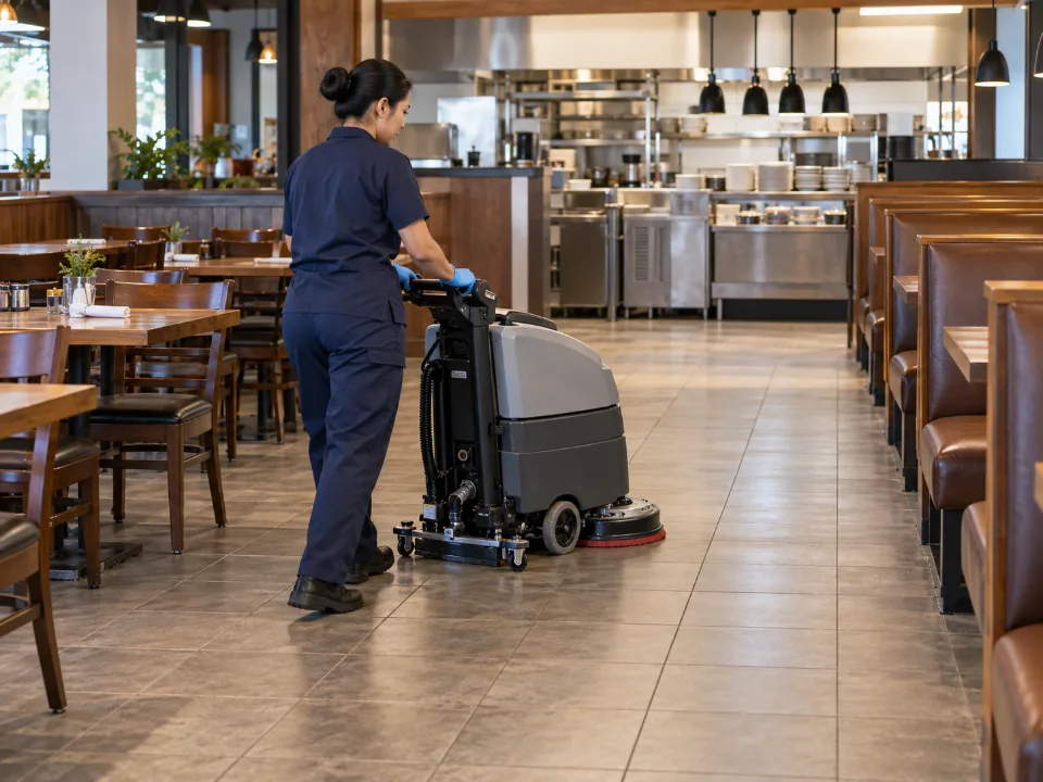 Cleaner operating a floor scrubber between restaurant dining tables and booths
