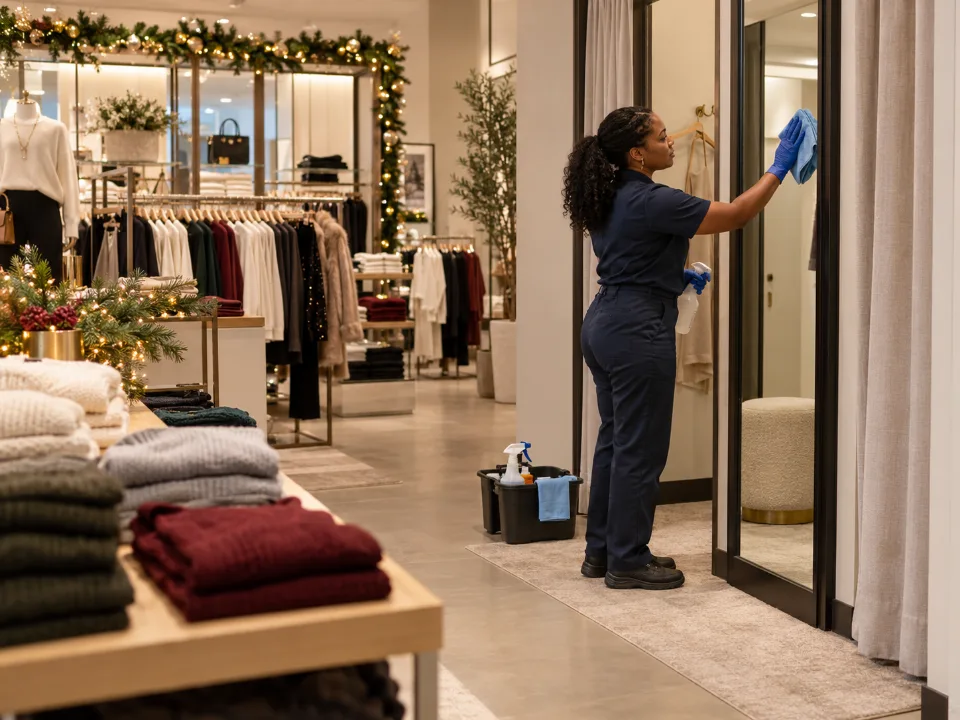 Cleaner wiping a fitting room mirror in a clothing store with understated holiday decorations