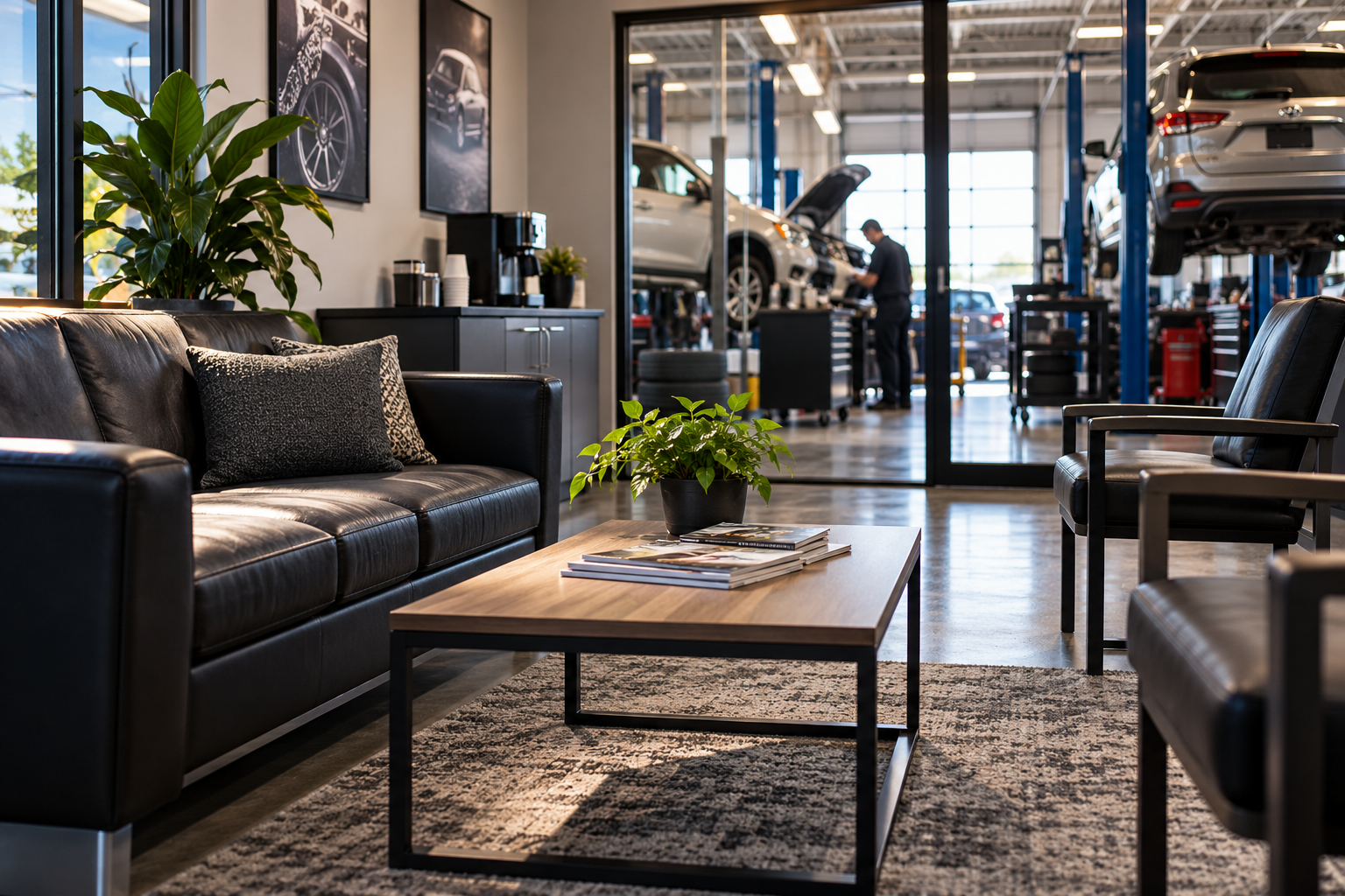 Modern auto repair waiting lounge with clean seating and a view into the service bay