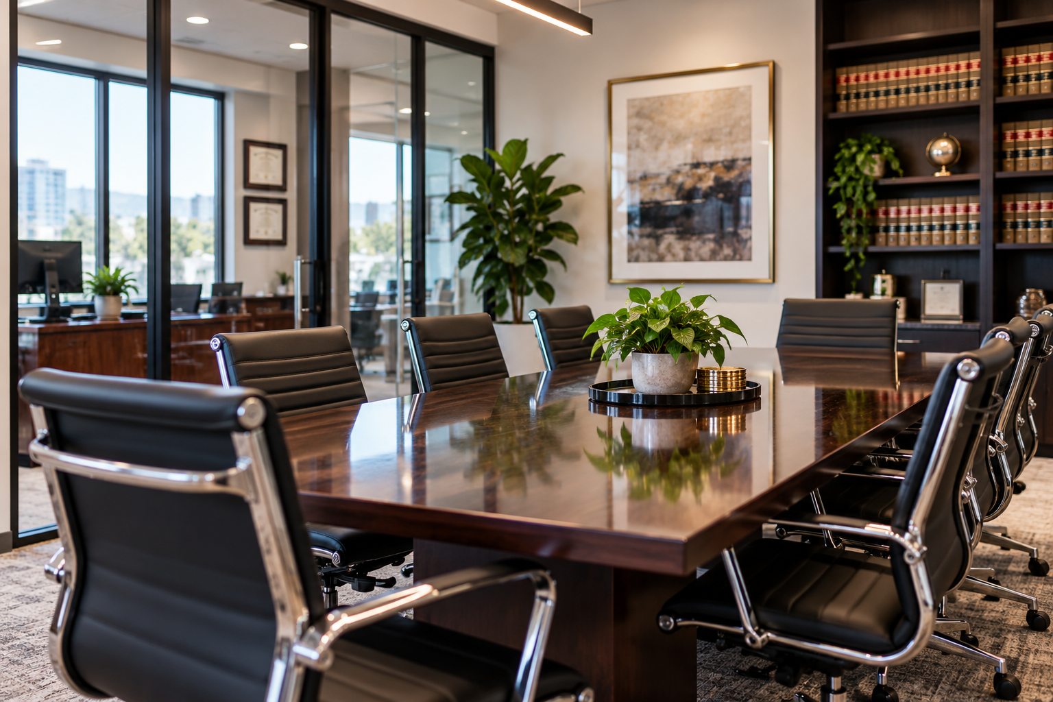 Modern law office conference room with a polished table and clean seating