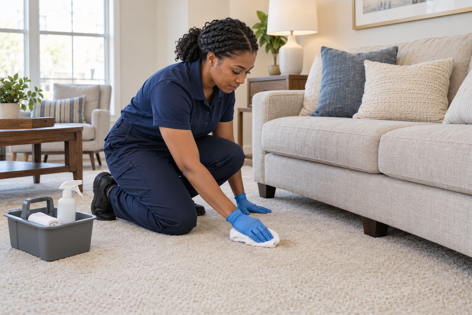 Carpet cleaning technician blotting a small spot beside an apartment sofa