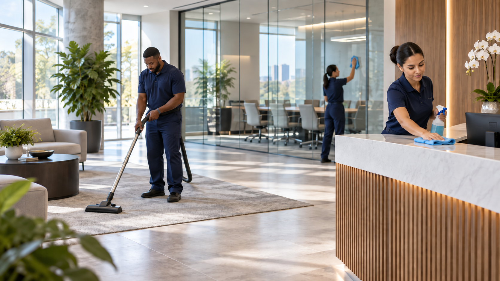 Paradigm Janitorial Services commercial cleaning team in a modern office