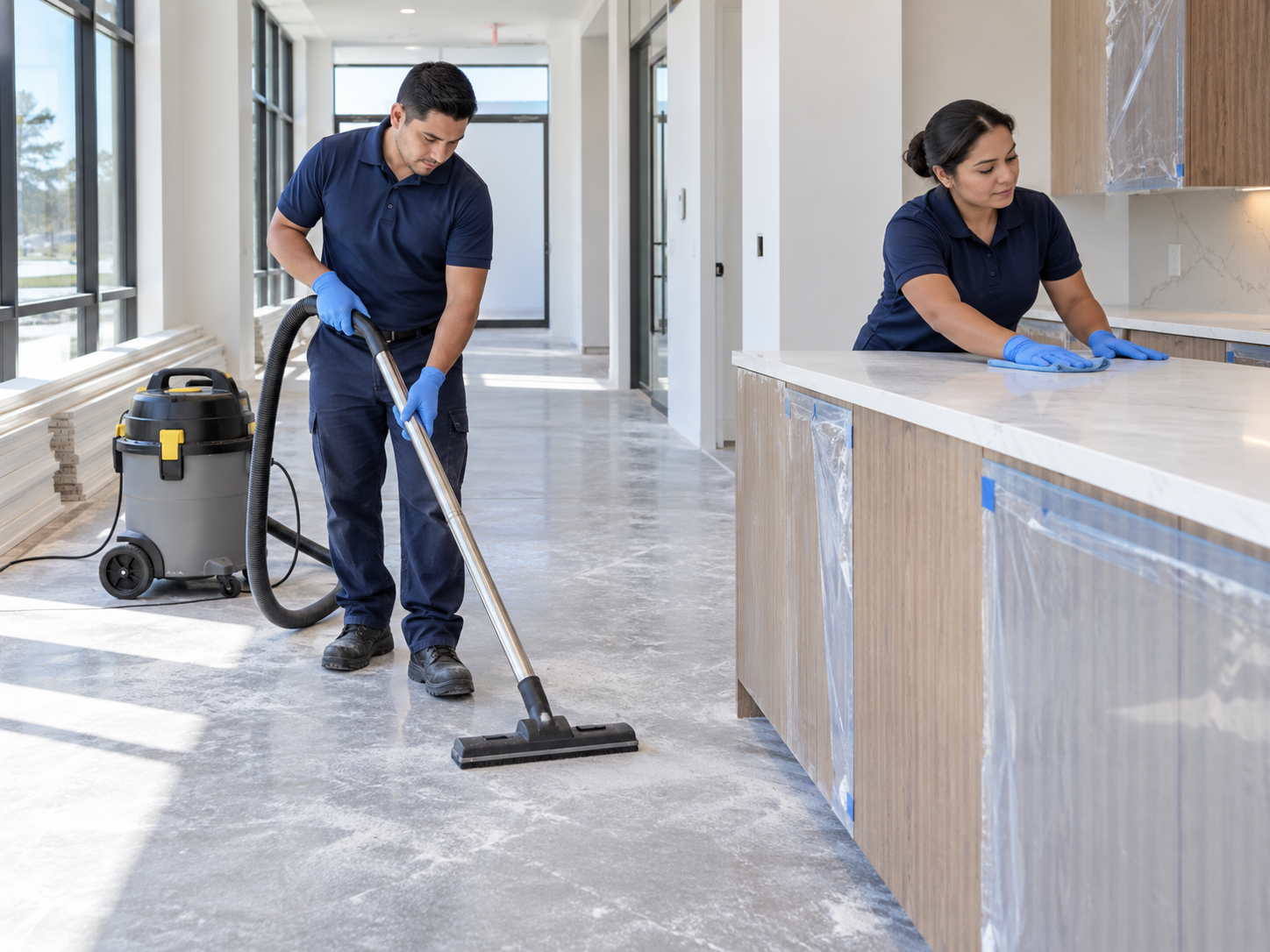 Cleaners in navy uniforms vacuuming and wiping surfaces after renovation