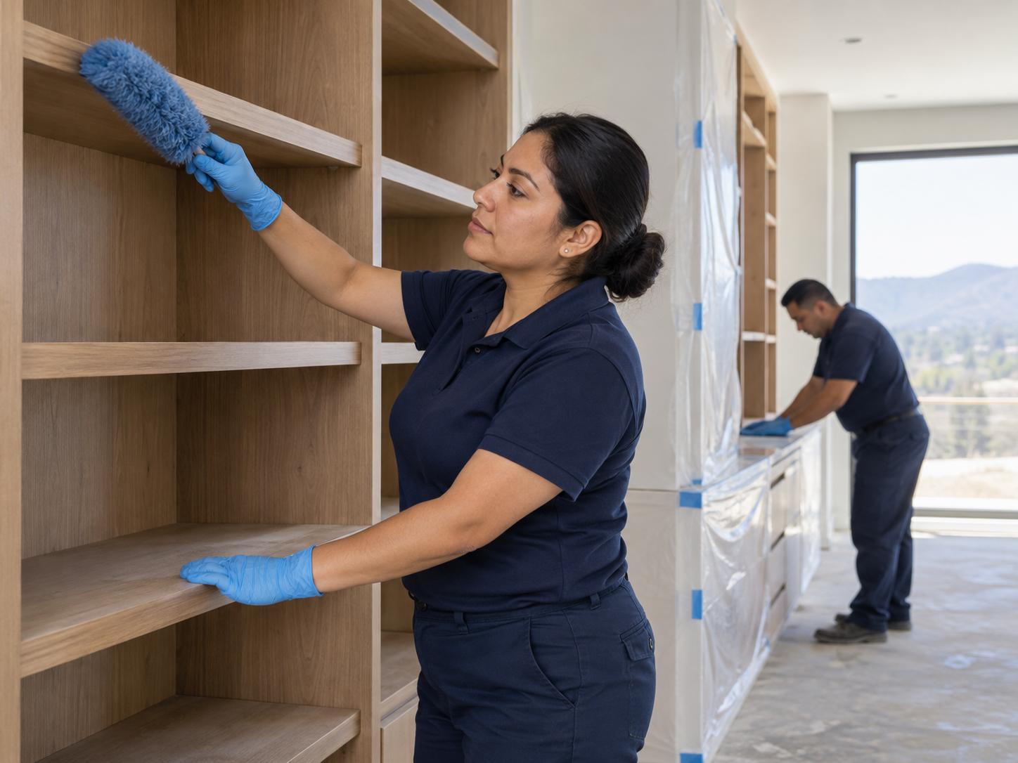 Cleaner removing renovation dust from new shelving