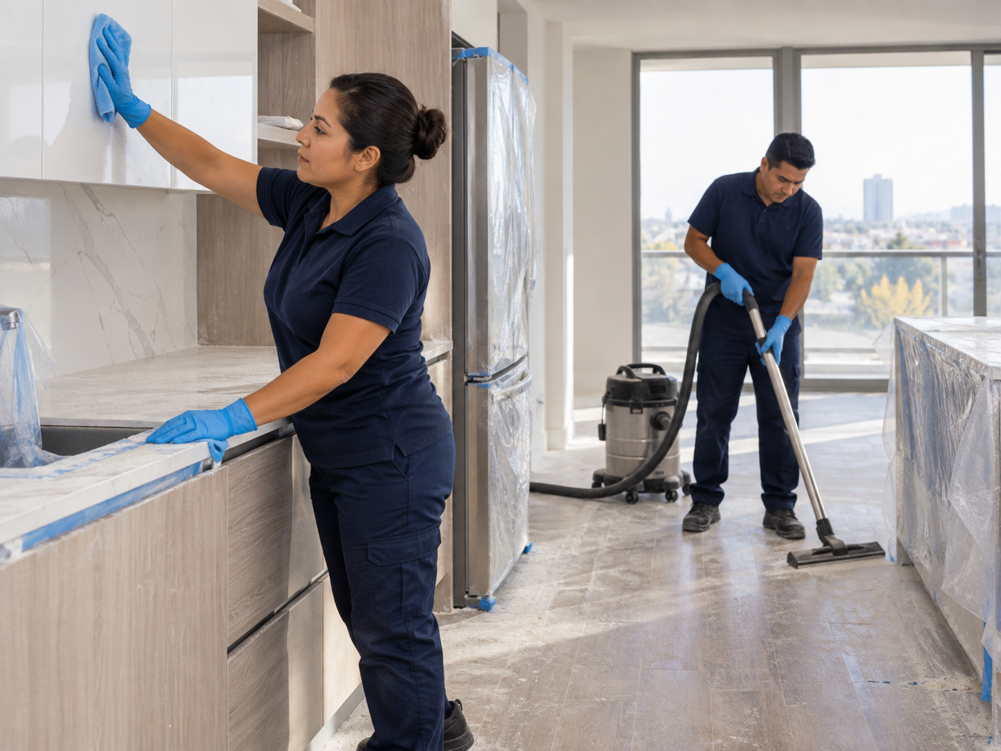 Cleaners detailing a newly renovated apartment kitchen