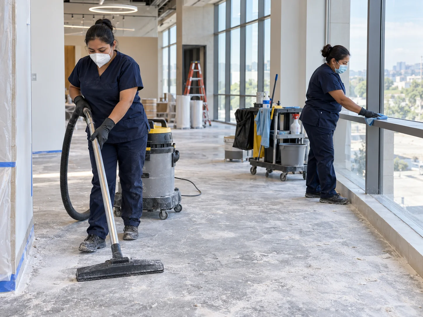 Professional cleaners removing construction dust