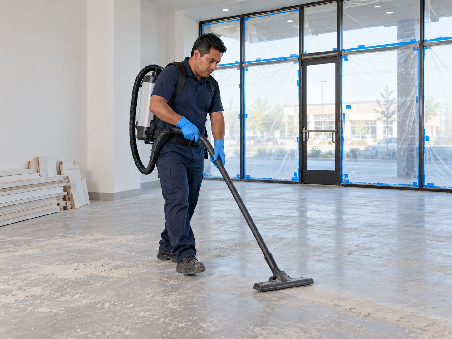 Cleaner vacuuming post-construction dust in an empty retail unit