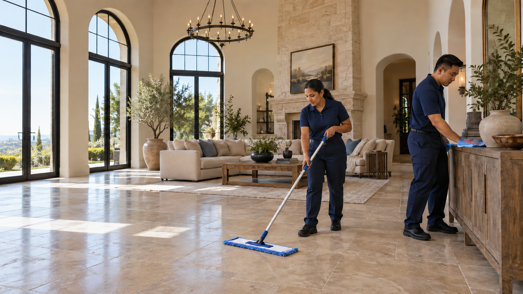 Cleaning professionals maintaining a spacious estate living room