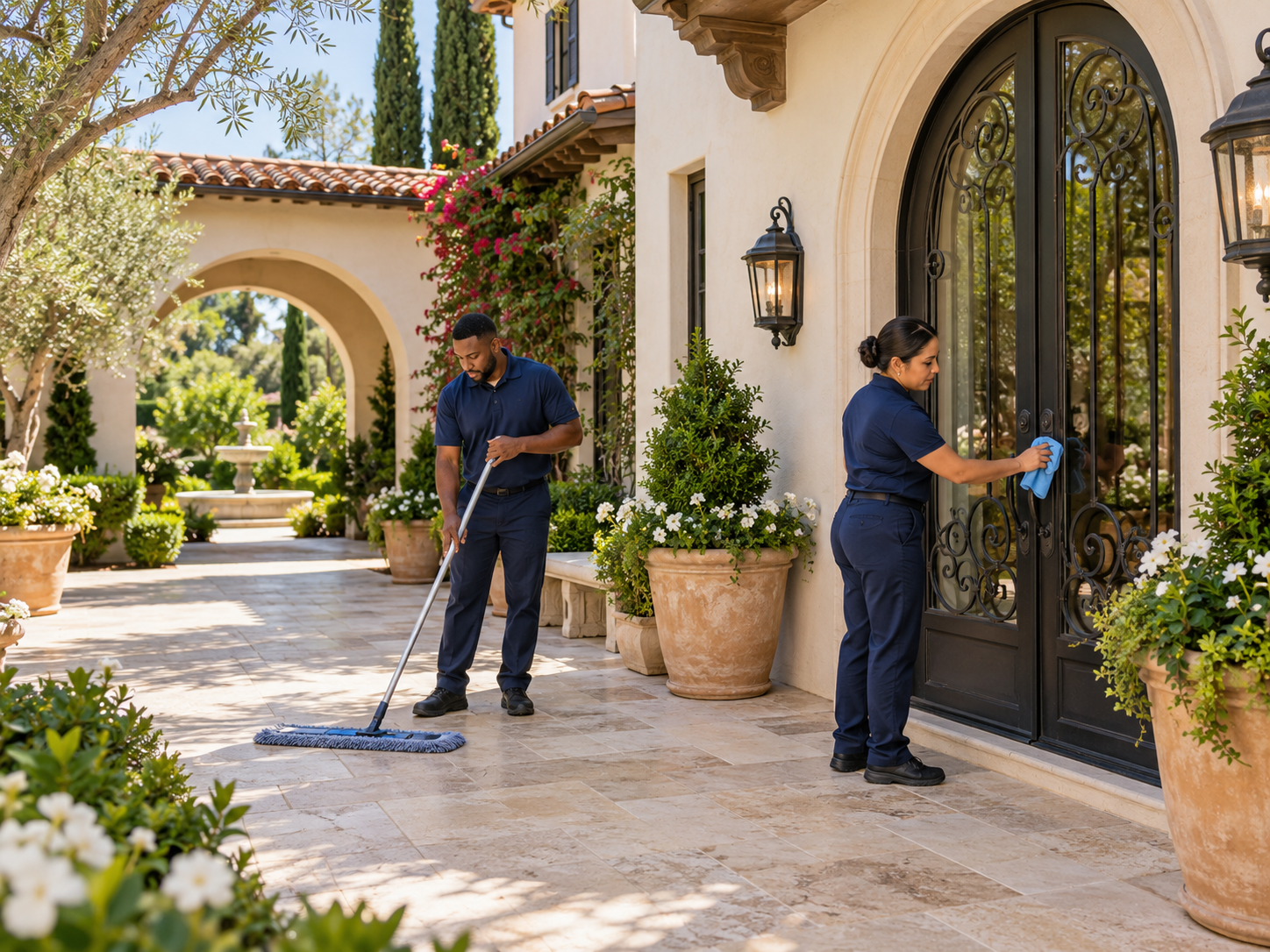 Cleaning team maintaining an estate entrance