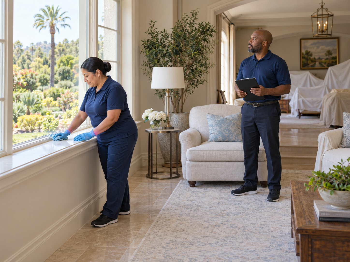 Cleaning professional and property manager maintaining a quiet estate between seasonal stays