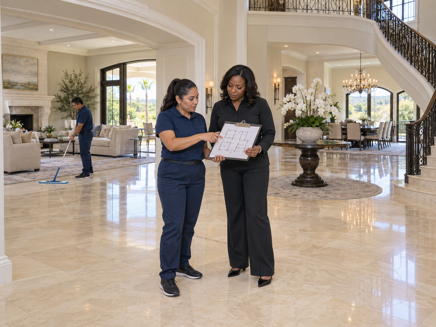 Estate manager and cleaning supervisor planning separate cleaning zones with a floor plan