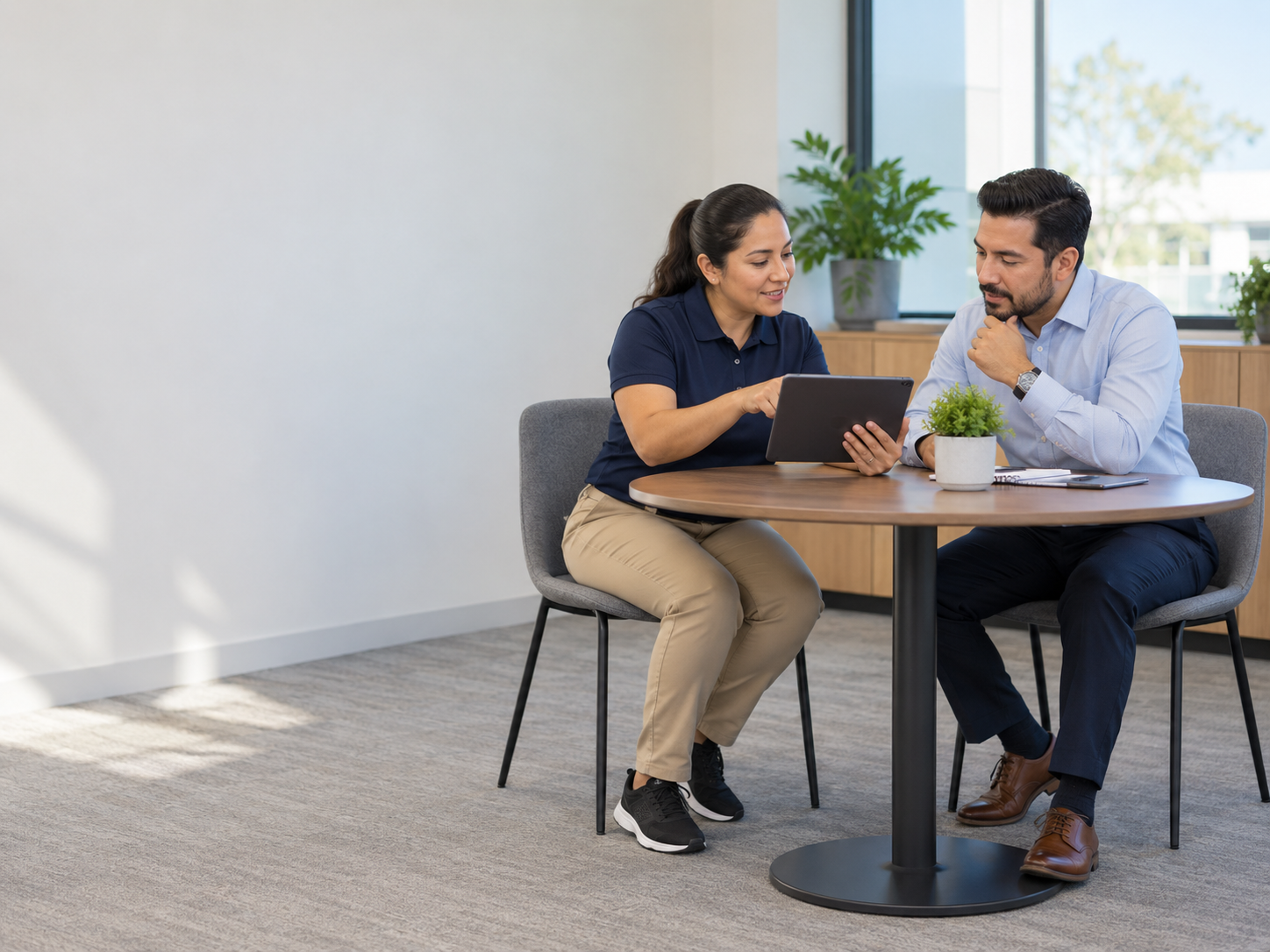 Cleaning supervisor answering a property manager’s questions at a meeting table