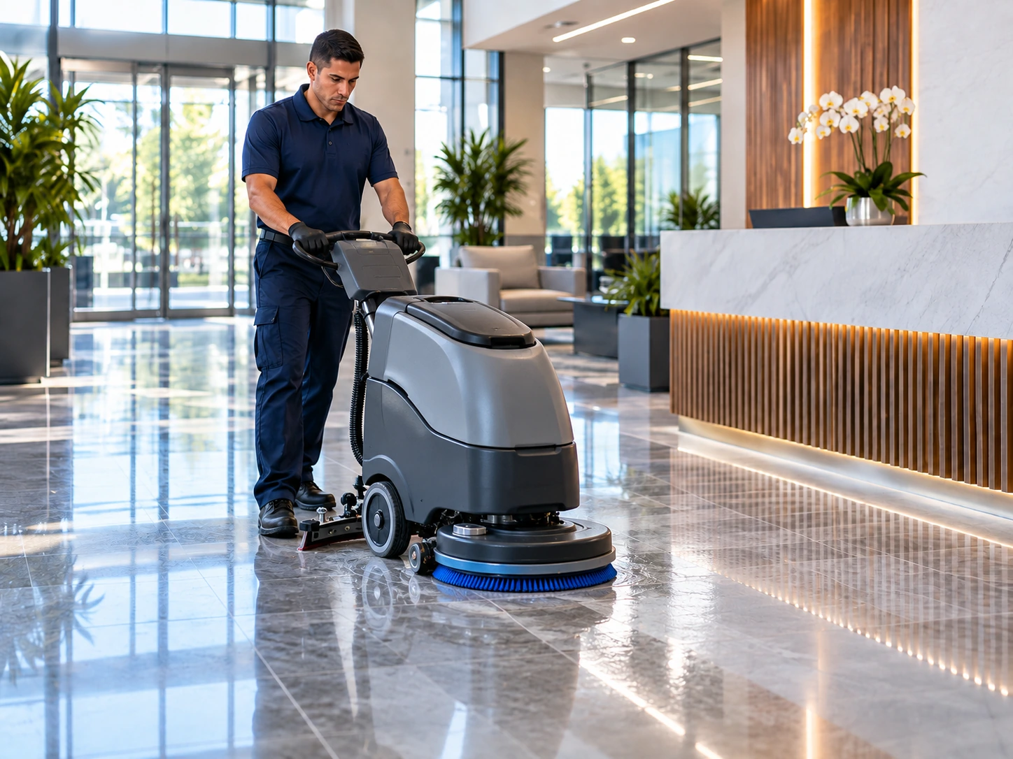 Cleaner operating a floor scrubber