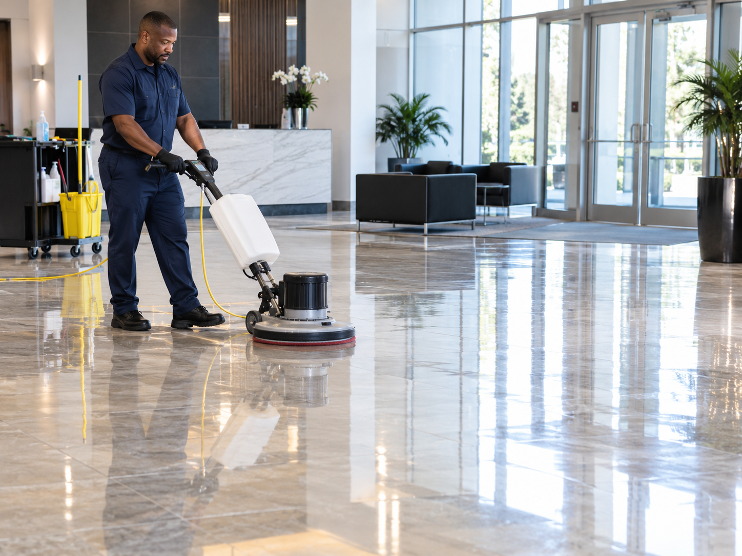 Professional floor care in a modern commercial lobby