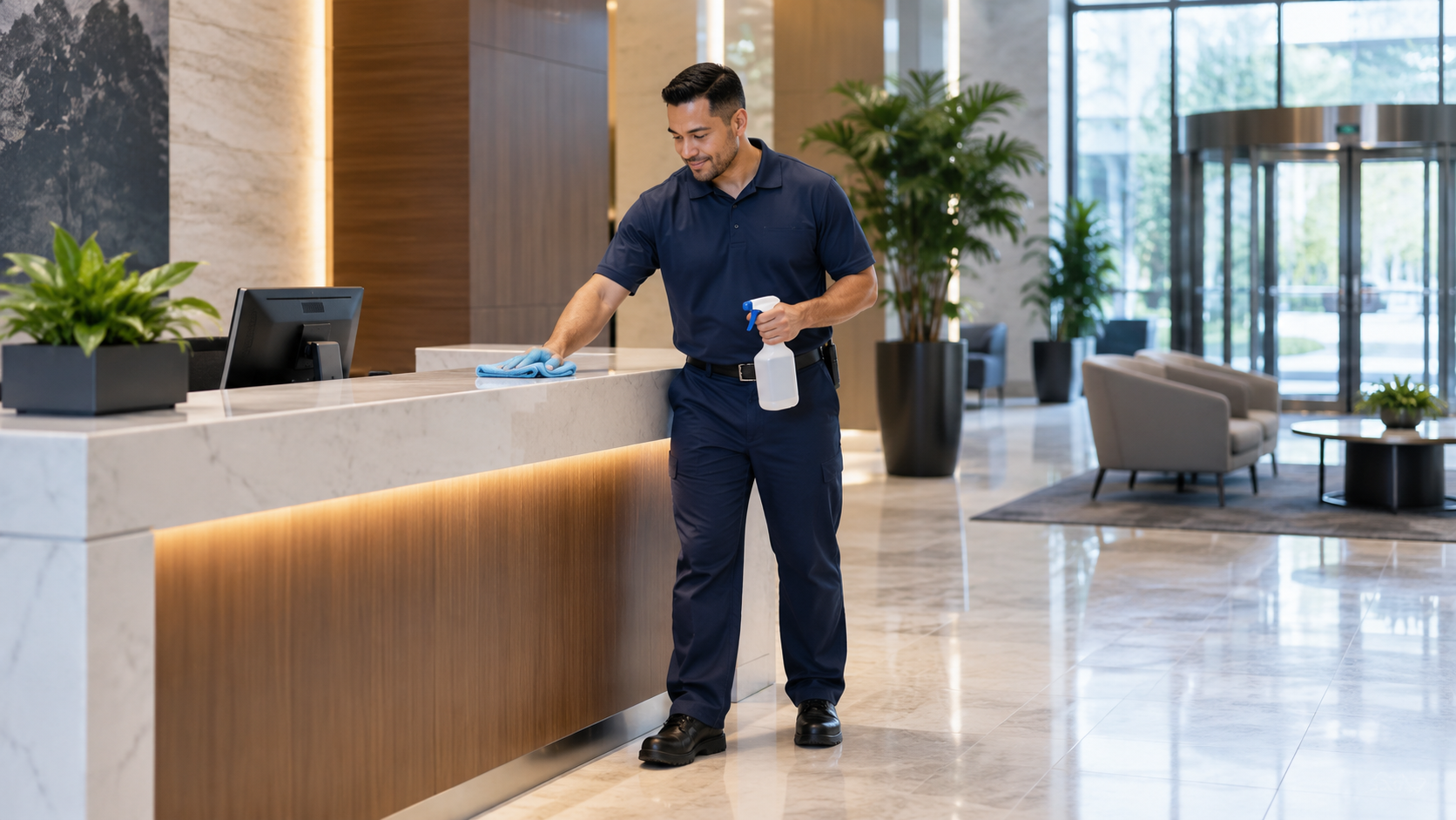 Paradigm janitorial professional cleaning a commercial lobby