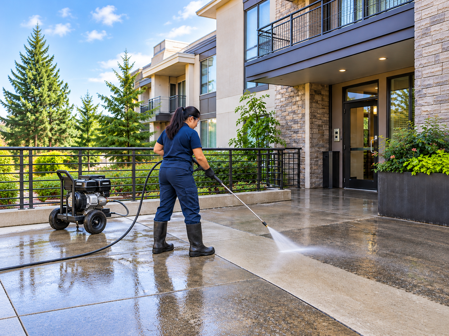 Cleaner pressure washing an apartment terrace beside a wheeled pressure washer