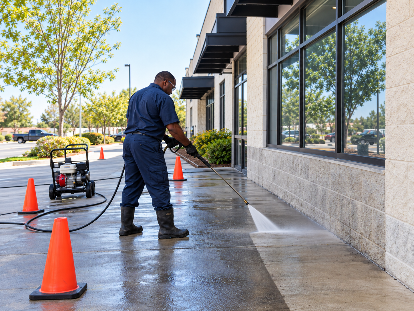 Cleaner pressure washing an outdoor commercial sidewalk with a spray lance