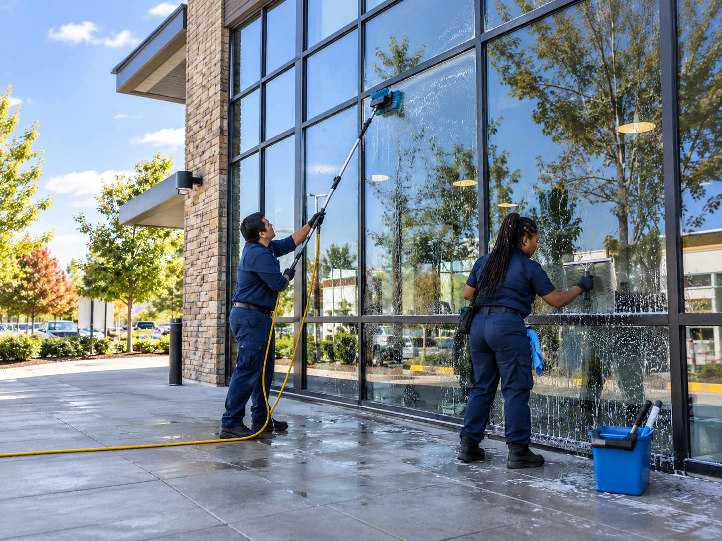 Commercial window cleaning crew washing tall storefront glass with a water fed pole and squeegee