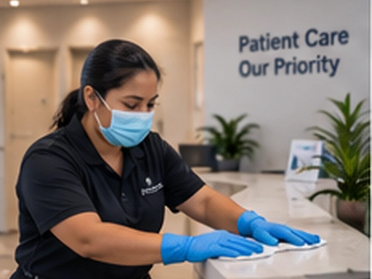 Cleaner wiping a medical office counter