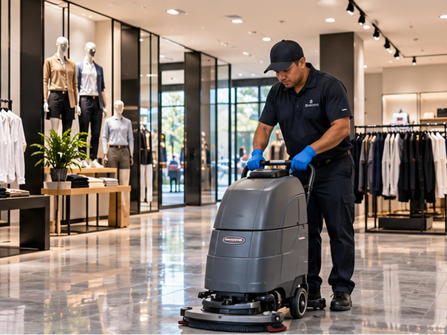 Cleaner operating a floor scrubber in a clothing store