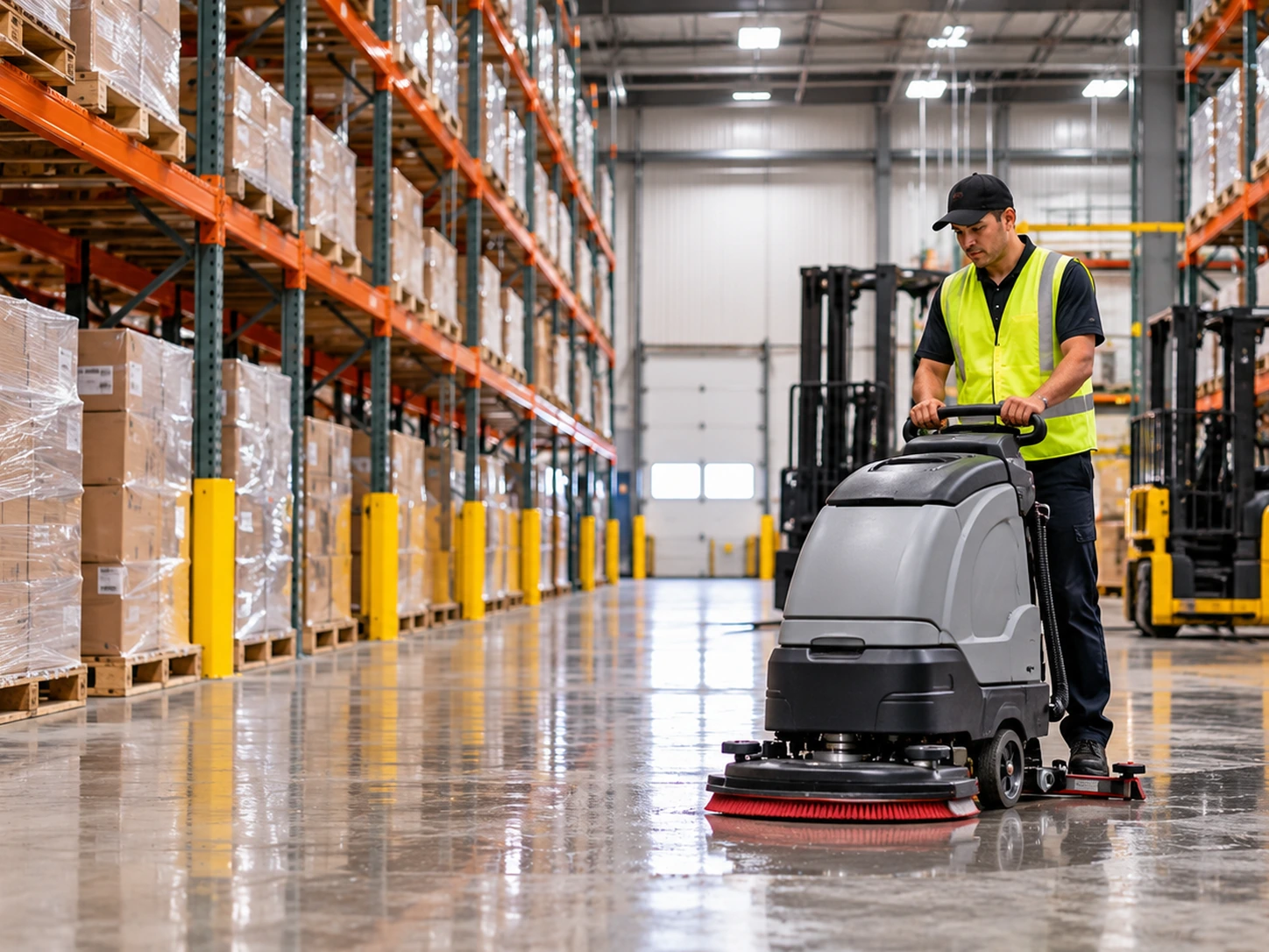 Cleaner operating a warehouse floor scrubber