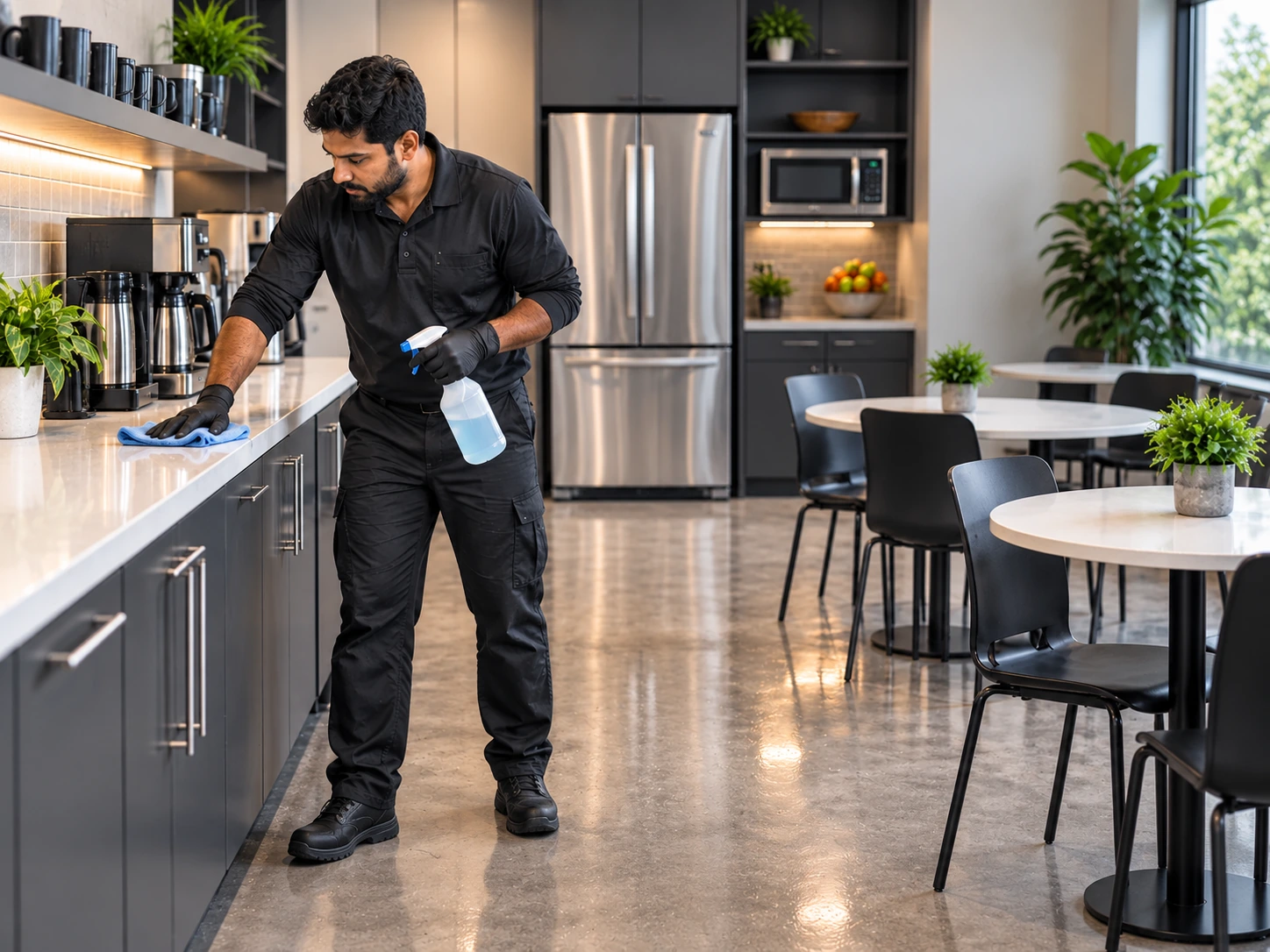 Cleaner maintaining a staff breakroom