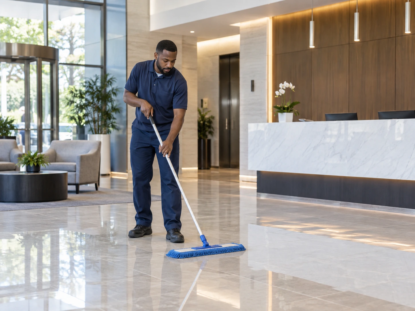 Cleaner mopping a building lobby