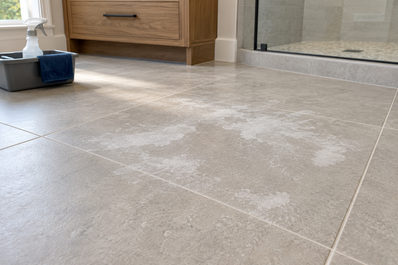 Cloudy whitish residue visible on porcelain bathroom tiles after renovation
