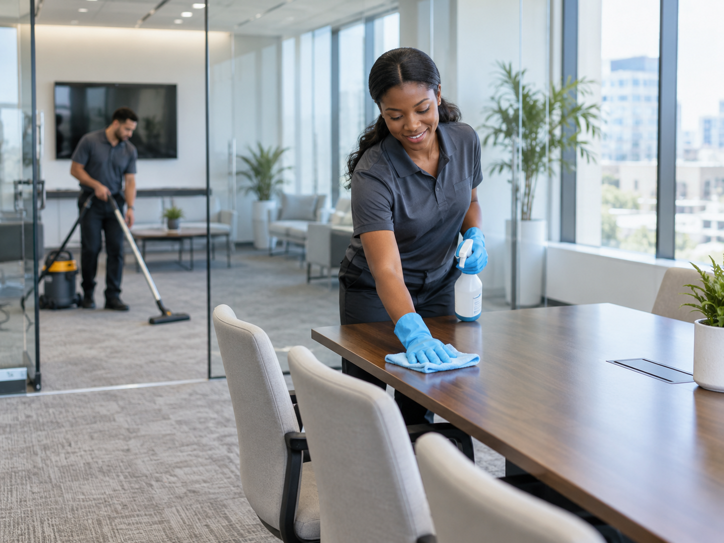 Office team cleaning a meeting table and vacuuming