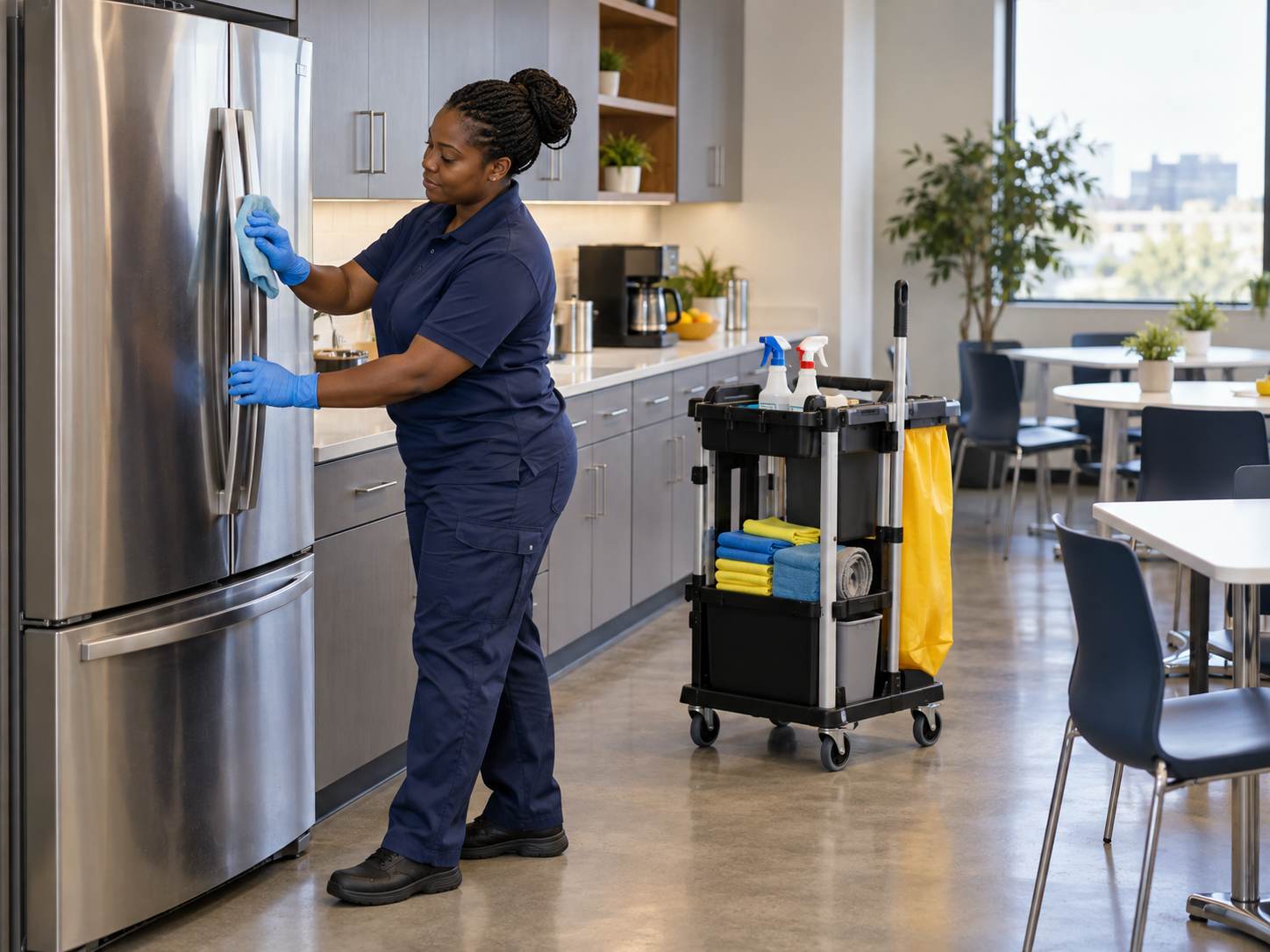 Cleaner wiping a refrigerator handle in a shared office break room
