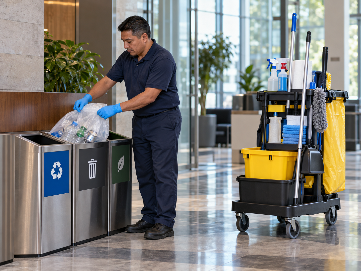 Porter collecting recycling beside a janitorial cart