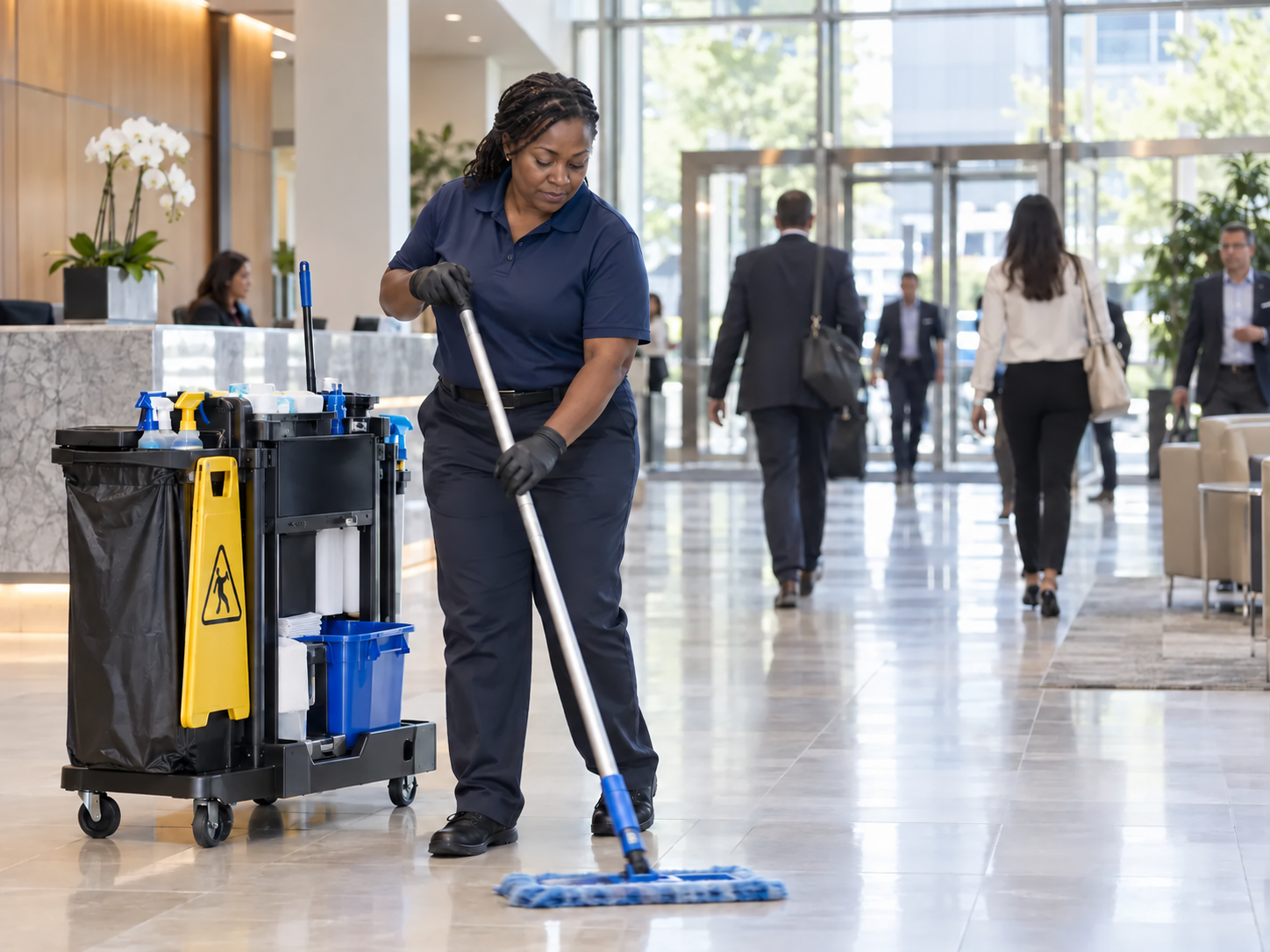 Day porter cleaning a lobby beside a fully stocked janitorial cart