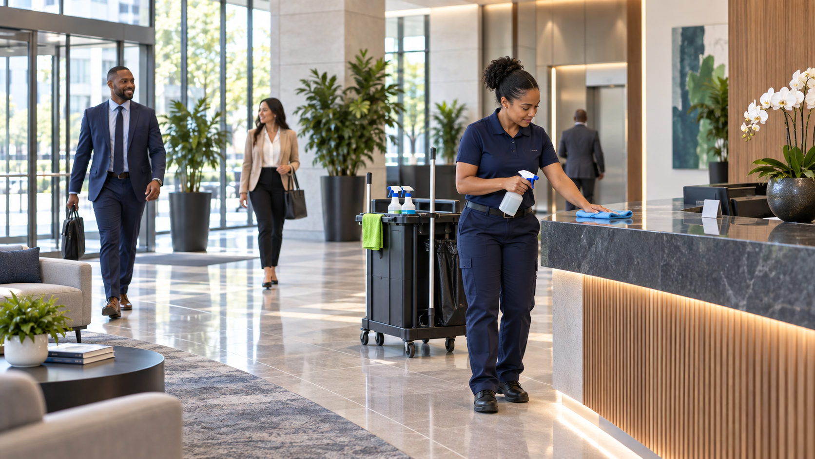 Porter wiping a lobby reception counter with a cleaning cart nearby