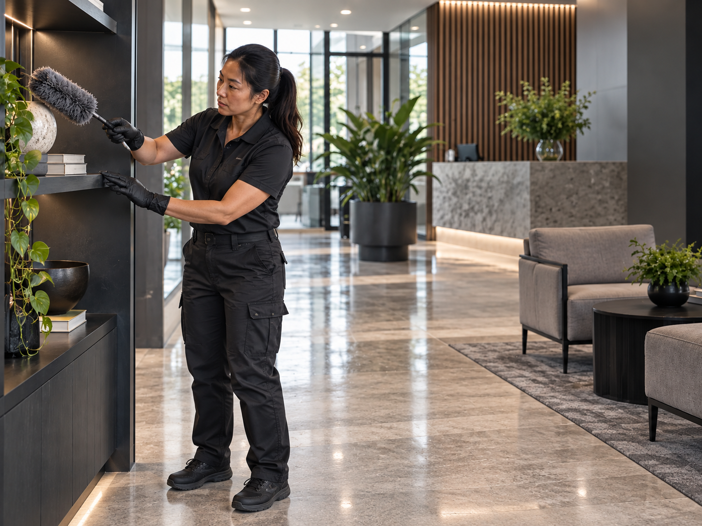 Porter dusting a lobby planter with a cleaning cart nearby